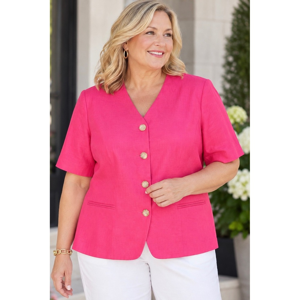 Talbots Pink Linen Short Sleeve Blazer Size 20 V-Neck Button Front Professional